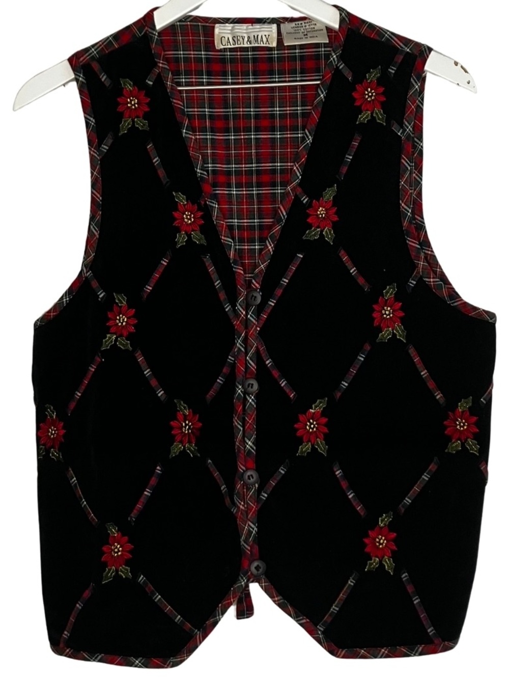 Vintage Christmas Vest Poinsettia Plaid Embroidered Velvet Holiday Party M